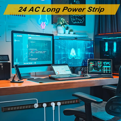 24 Outlet Heavy Duty Metal Power Strip - 10 Ft Extension Cord, Wall Mountable, Surge Protected, Space-Saving Design for Industrial, Commercial, and Home Use