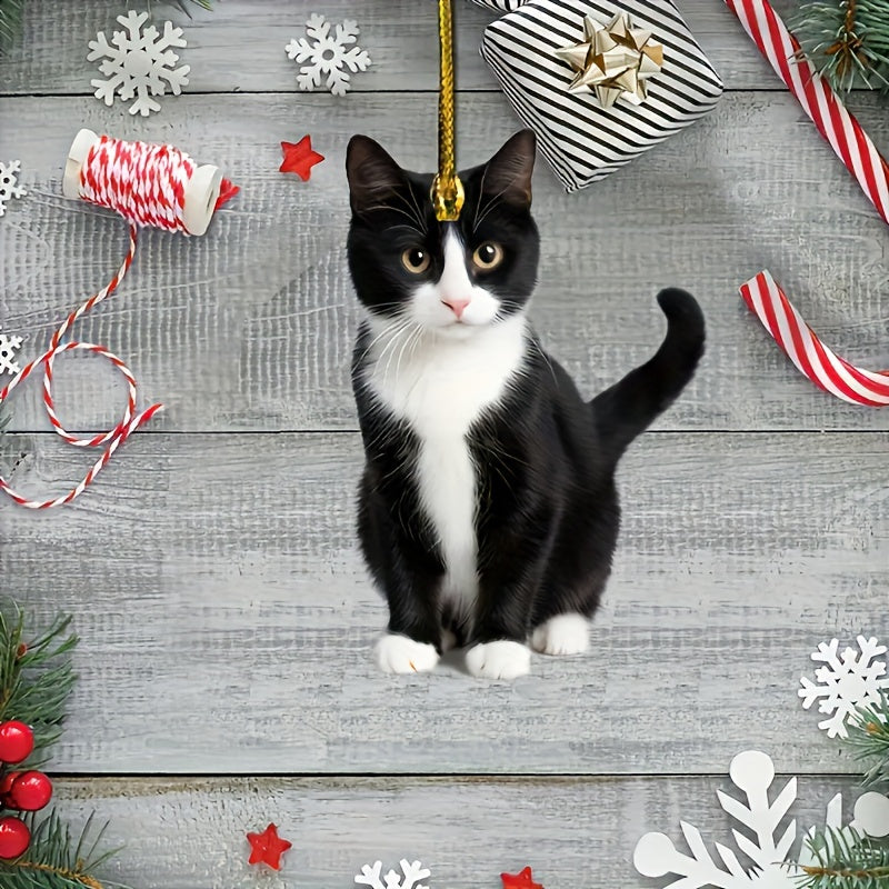 Acrylic Tuxedo Cat Hanging Ornament - Black and White Kitty Pendant with Plush Texture for Car and Bag Decor