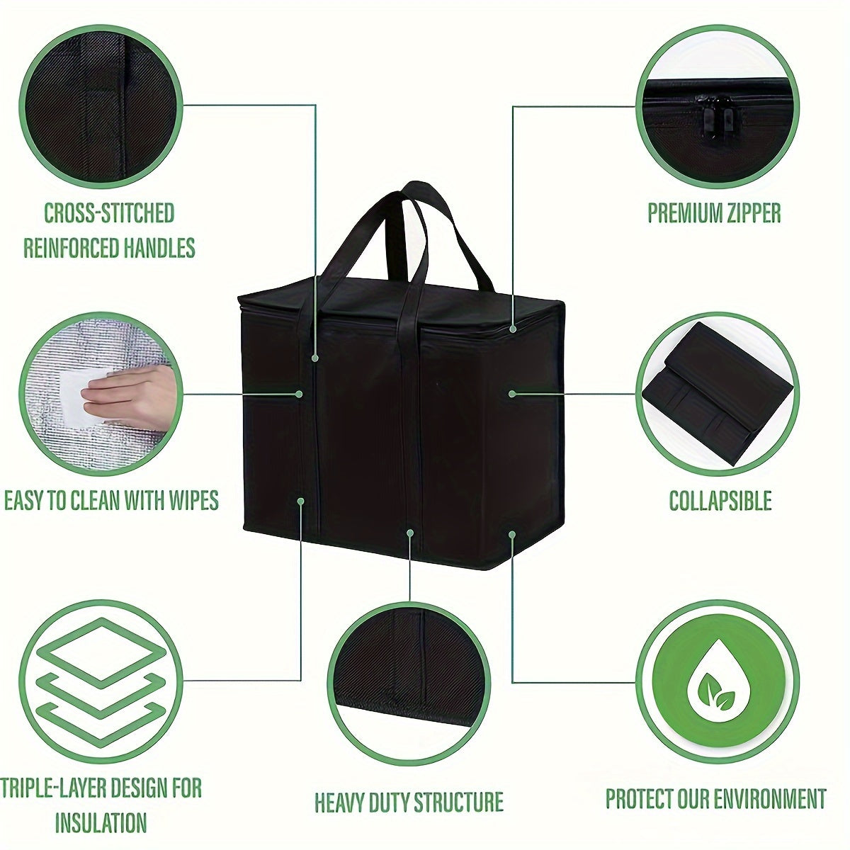 XL/Large Insulated Bag – Keeps Food Hot and Cold for Hours – Grocery Tote, Soft Cooler Bag, Pizza Warmer – Lightweight and Sturdy Zipper