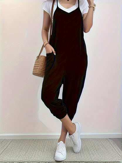 Solid Patched Pockets Overall Jumpsuit – Versatile V-Neck Design for Spring and Summer – Women’s Clothing