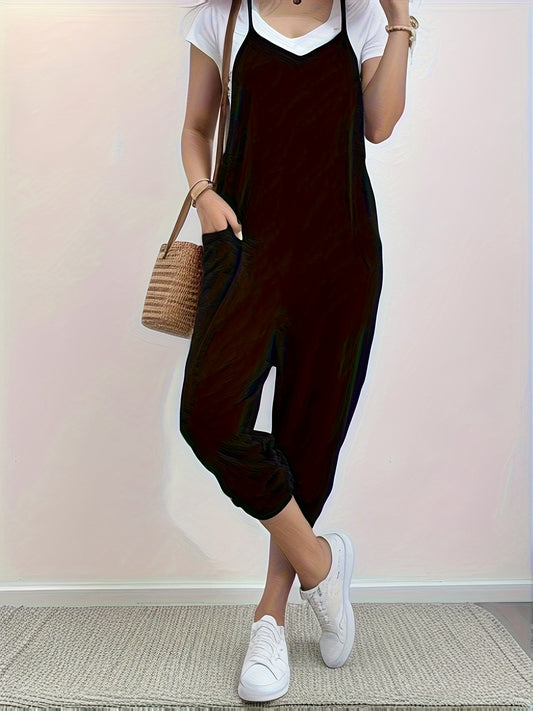 Solid Patched Pockets Overall Jumpsuit – Versatile V-Neck Design for Spring and Summer – Women’s Clothing