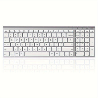 Multi-Device BT Keyboard - Slim, Rechargeable Wireless Keyboard with Number Pad, Switches Between 3 Devices, Compatible with Mac/iPad/Android/Windows - White and Silver
