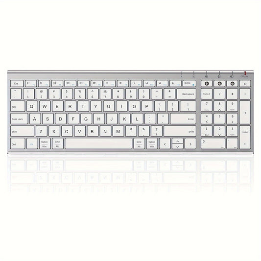 Multi-Device BT Keyboard - Slim, Rechargeable Wireless Keyboard with Number Pad, Switches Between 3 Devices, Compatible with Mac/iPad/Android/Windows - White and Silver
