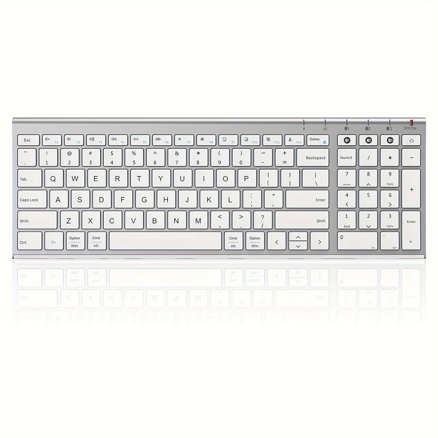 Multi-Device BT Keyboard - Slim, Rechargeable Wireless Keyboard with Number Pad, Switches Between 3 Devices, Compatible with Mac/iPad/Android/Windows - White and Silver