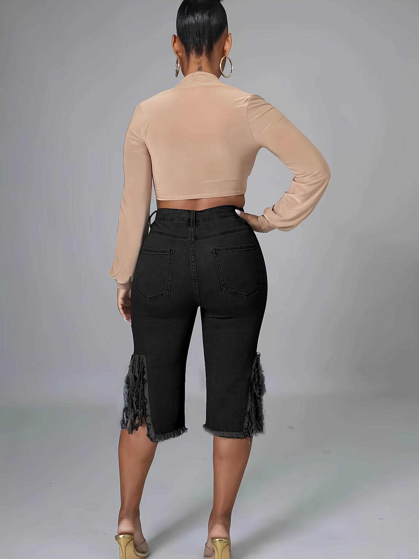 Women's Casual Distressed Denim Midi Shorts – Raw Fringe Hem, Ripped Split Detail – Fashionable Summer Jorts