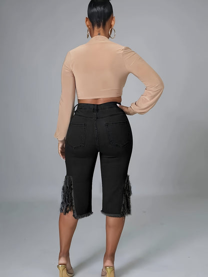 Women's Casual Distressed Denim Midi Shorts – Raw Fringe Hem, Ripped Split Detail – Fashionable Summer Jorts