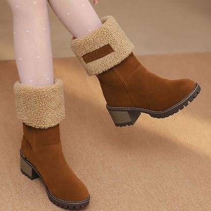 Winter Boots for Women - Comfortable Slip-On Mid Chunky Heel Suede Warm Snow Ankle Boots, Outdoor Shoes
