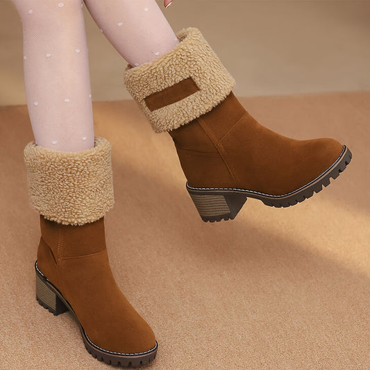 Winter Boots for Women - Comfortable Slip-On Mid Chunky Heel Suede Warm Snow Ankle Boots, Outdoor Shoes