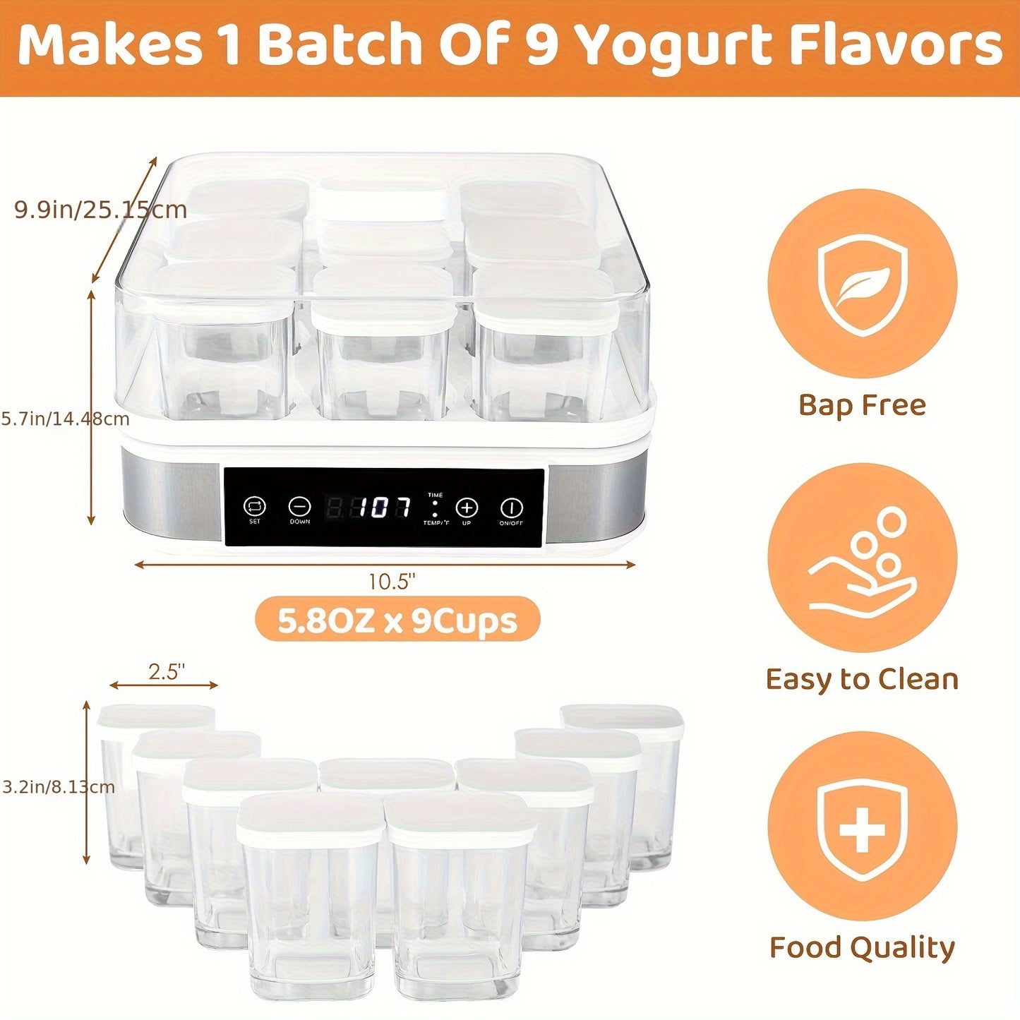 9 Cup Automatic Greek Yogurt Maker - Temperature and Time Control, Glass Jars for Easy Cleaning, Perfect for Homemade Yogurt and Healthy Snacks