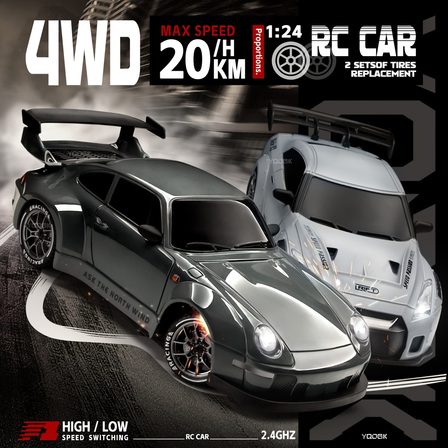 1:24 RC Drift Car — 4WD High-Speed Remote Control Sport Car with LED Lights & Extra Drifting Tire, Kids & Adult Gift