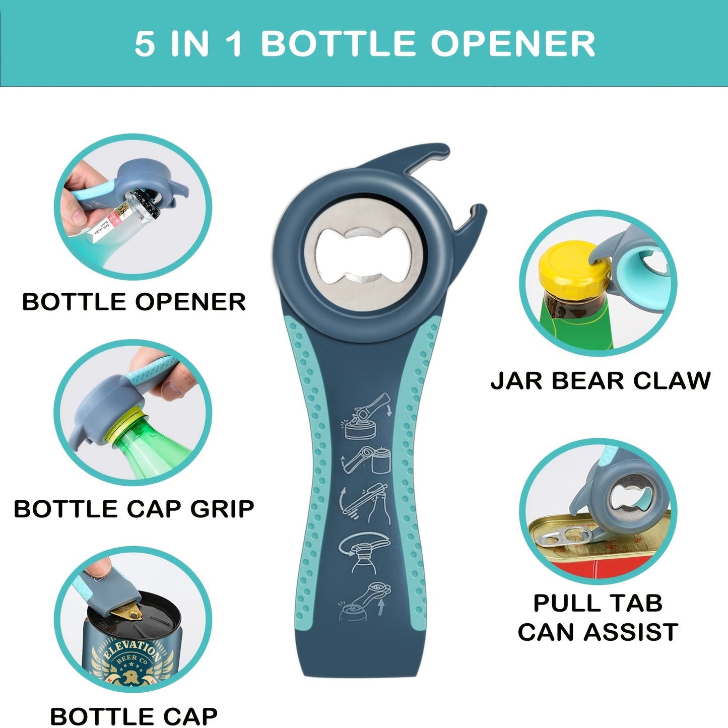 5 in 1 Multi-Purpose Bottle Opener Set - Stainless Steel Kitchen Tools for Arthritis & Weak Hands, Includes Jar Opener and Non-Slip Grip Pad