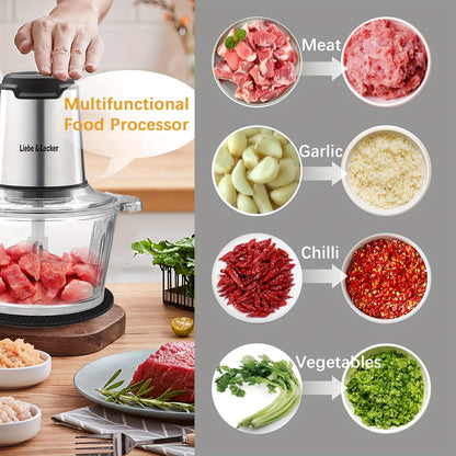 2 Bowl Electric Food Processor with Meat Grinder - 8 Cup Capacity, 4 Sharp Blades for Fruits, Vegetables, Nuts & Baby Food, 2-Speed Settings