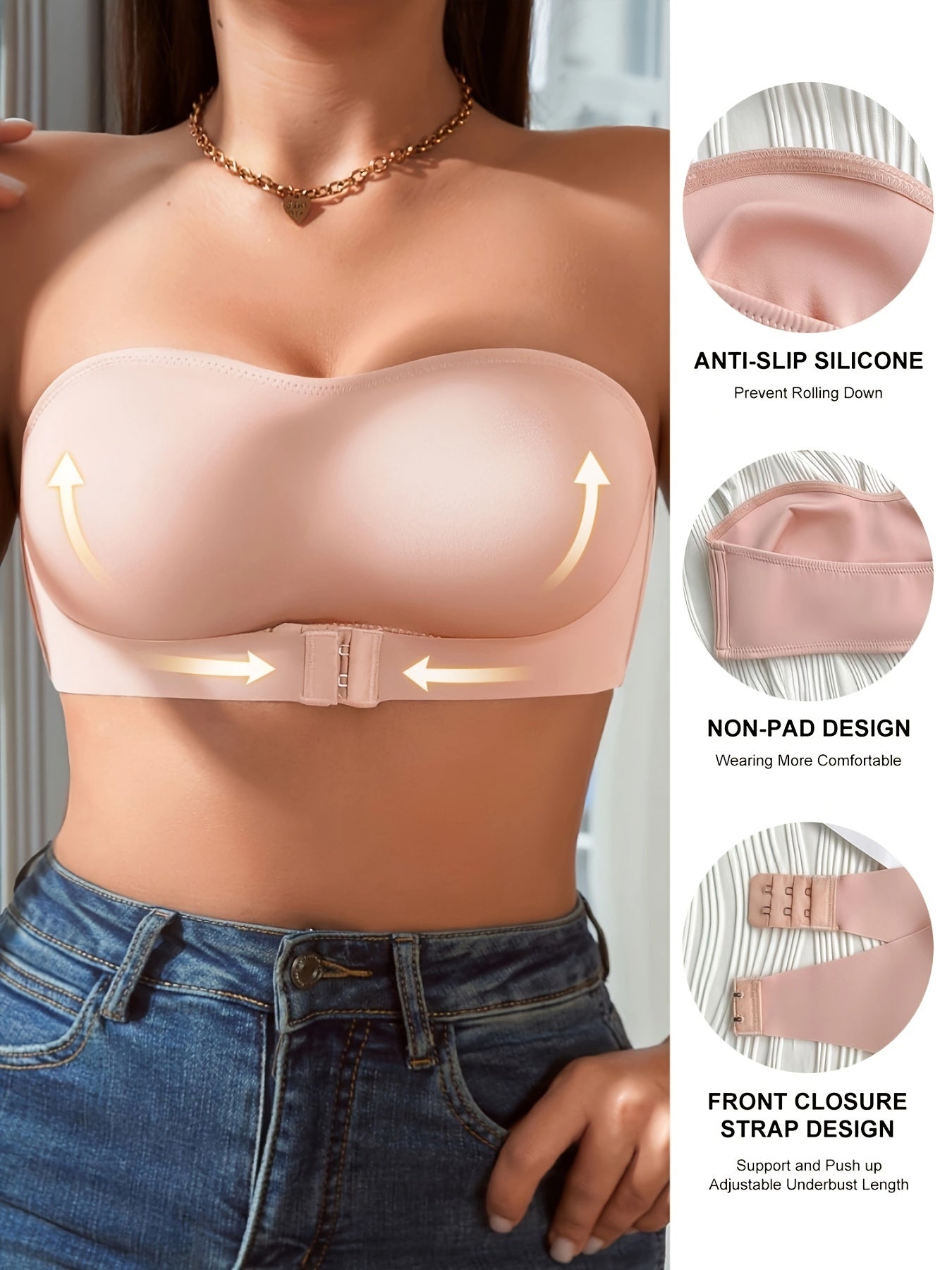 Front Buckle Strapless Bra: Wireless Non-Padded Bandeau Bra for Women, Lingerie and Underwear