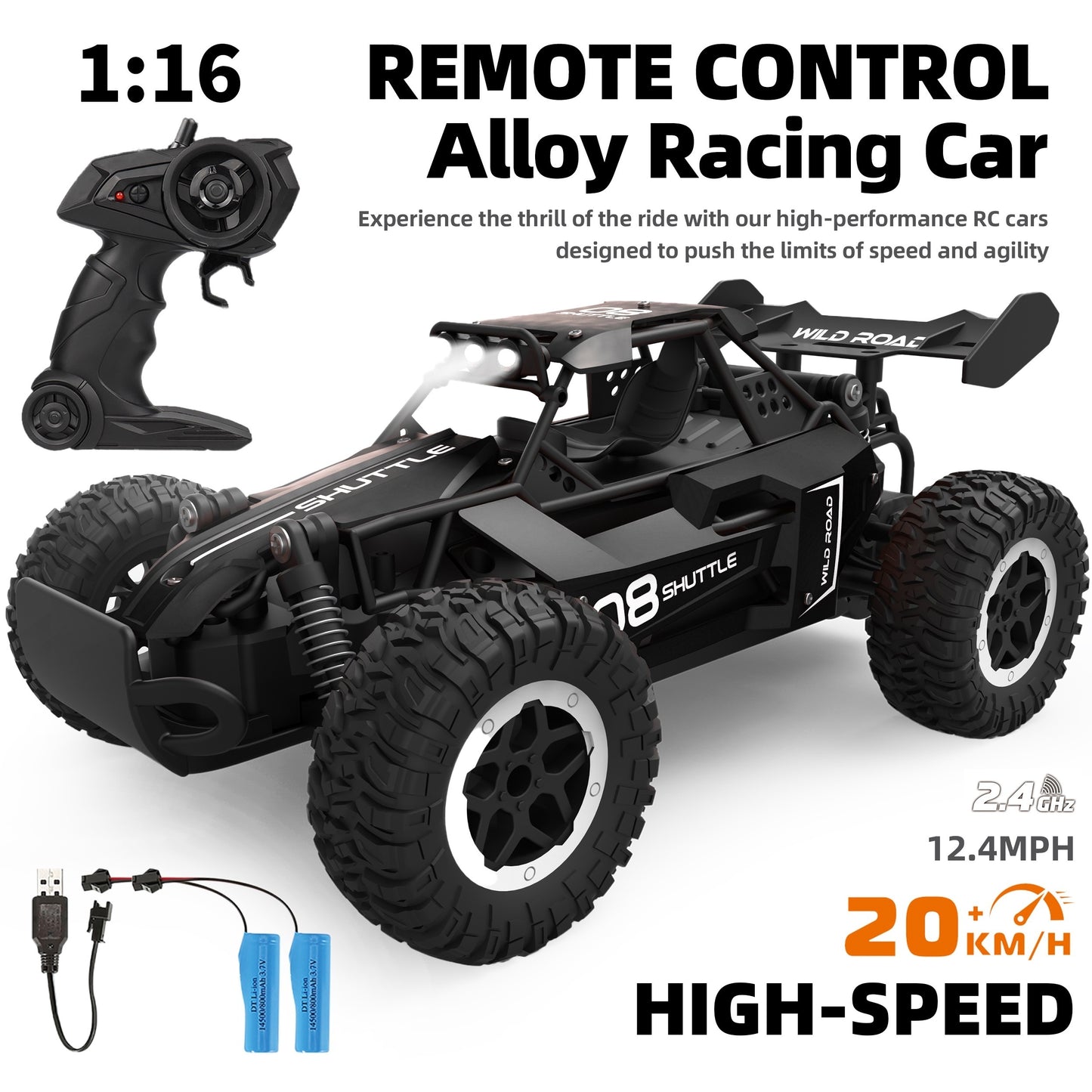 2.4G Double Battery 1:16 Alloy RC Car – High-Speed Up to 20 Km/h, All-Terrain Off-Road Capability, Remote Control – Ideal Electric Toy Car for Halloween and Christmas Gifts