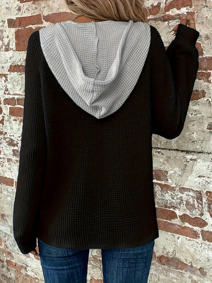 Color Block Button Front Drawstring Hoodie - Casual Long Sleeve Sweatshirt for Women