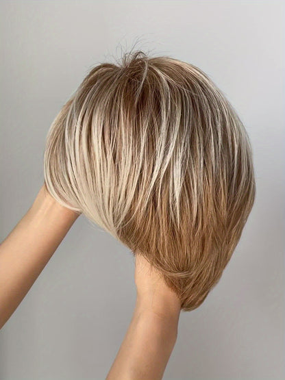 Ladies' Short Pixie Cut Wig - Blonde Straight Hair, Rose Net Cap, Synthetic Fiber, Suitable for All Ethnicities