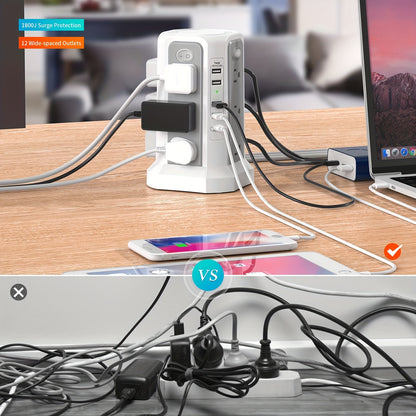 PASSUS Tower Surge Protector Power Strip – 10.2FT Extension Cord, 12 AC Outlets, 5 USB Ports, Surge Protection for Home, Office, Dorm Room