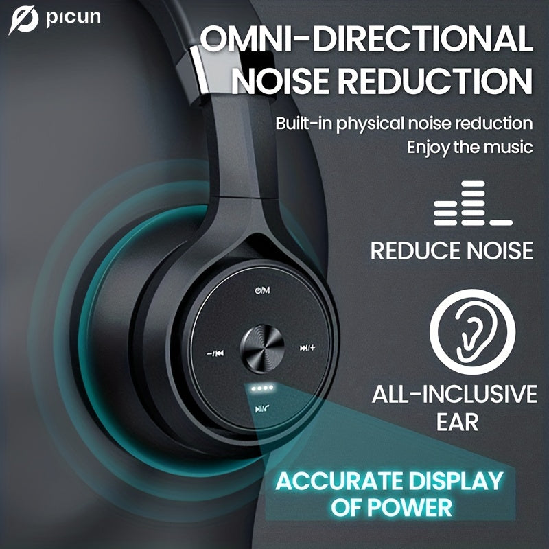 Picun P28X BT Over-Ear Headphones - 30H Playtime, EQ Music Modes, HiFi Stereo, Deep Bass, Lightweight Foldable Headset with Microphone, Dual Moving Coils for Home, Office and PC