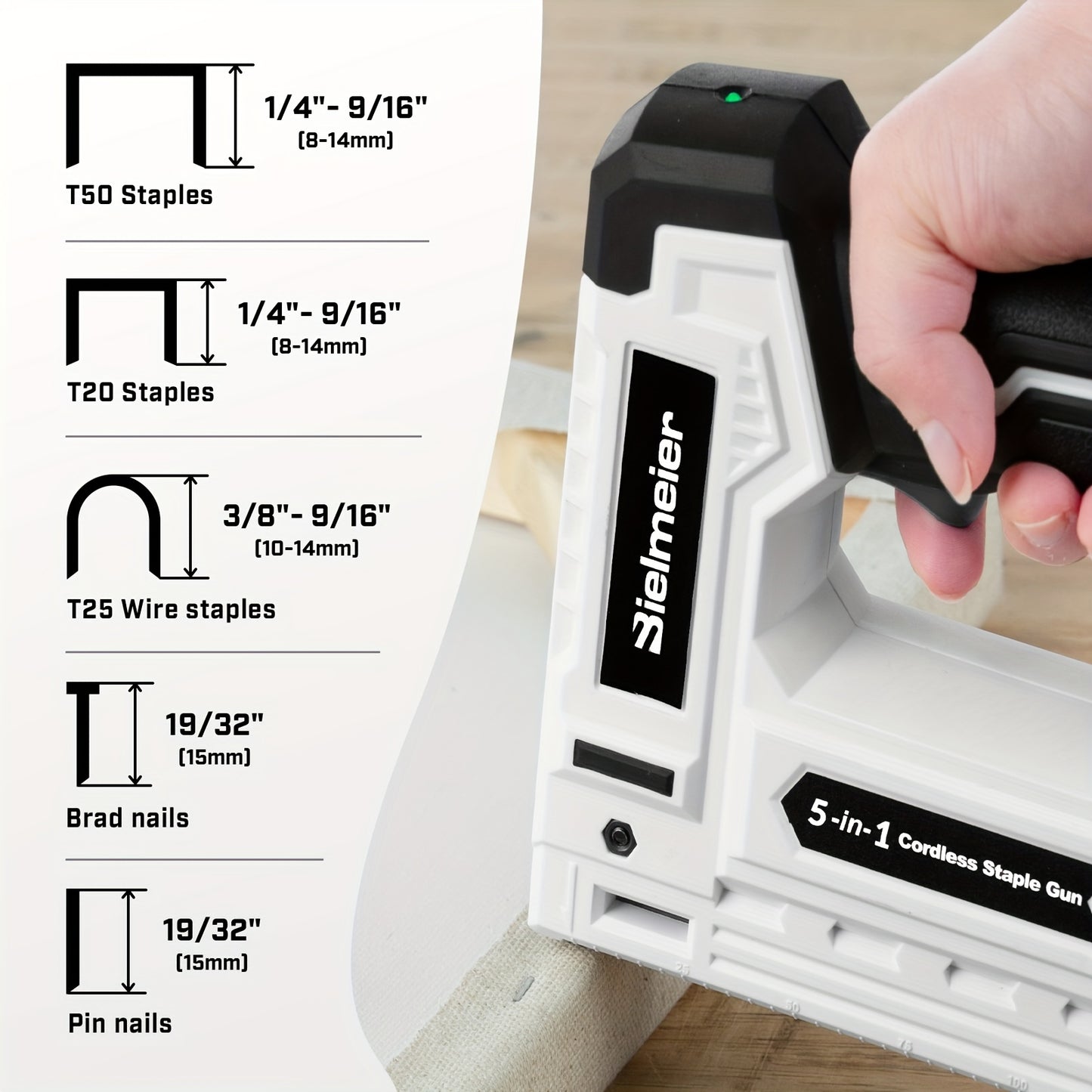 Bielmeier Lithium Ion Staple Gun - 5-in-1 Brad Nailer, 4V Rechargeable Cordless, Battery-Powered with 2,000 Staples and Nails - Power Tacker for Home, Wood, Upholstery, DIY