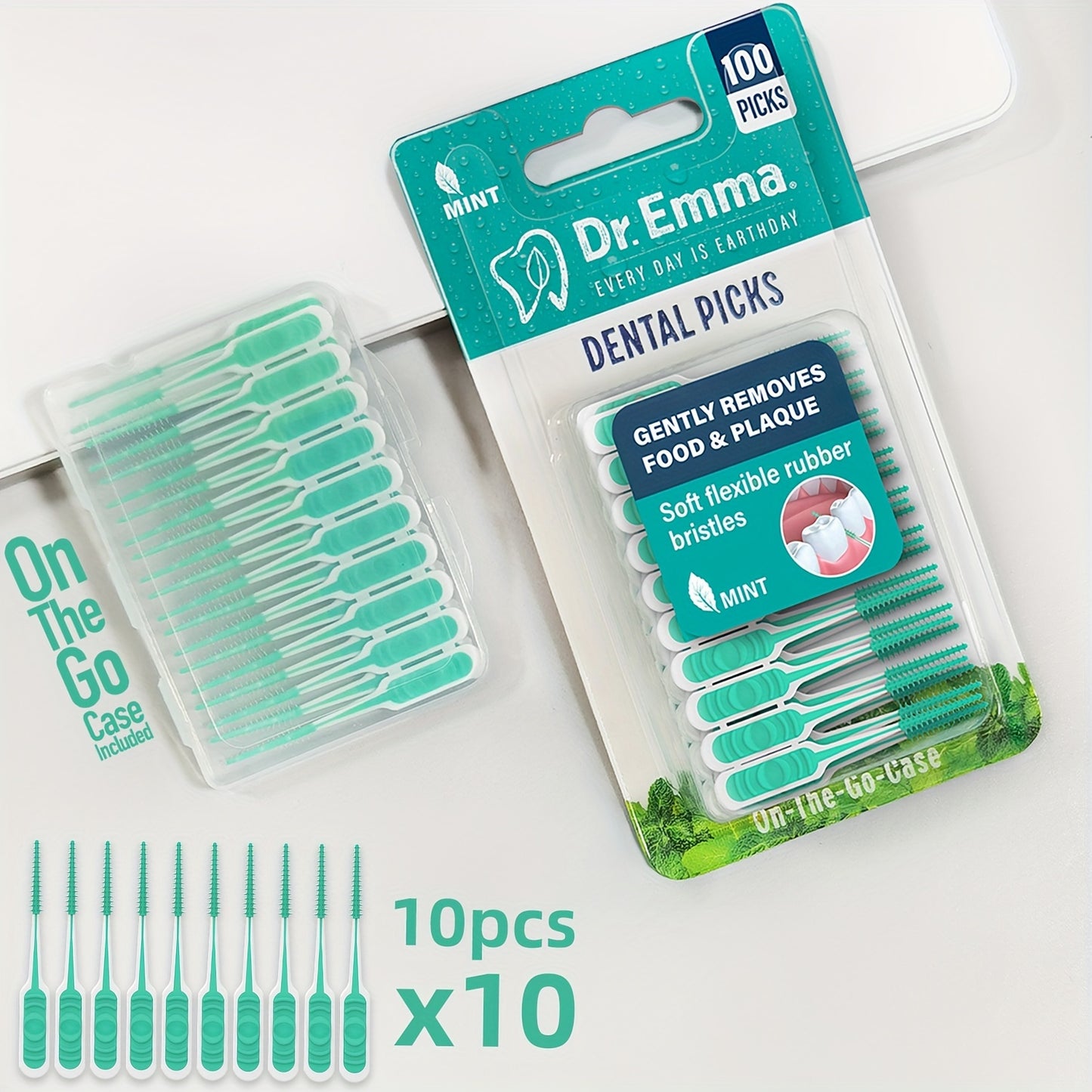 100pcs Soft Rubberized Dental Picks - Mint Floss Interdental Brush Cleaners for Oral Health and Stain Removal, Travel-Friendly
