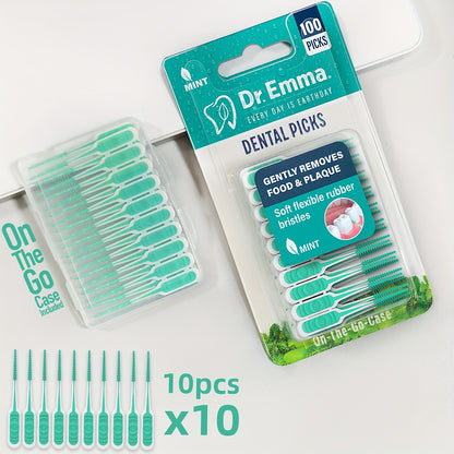100pcs Soft Rubberized Dental Picks - Mint Floss Interdental Brush Cleaners for Oral Health and Stain Removal, Travel-Friendly