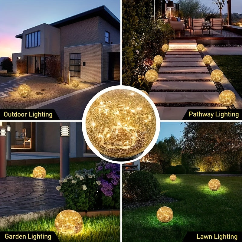 2pc Garden Light Set – Cracked Solar Glass Globe LED, Waterproof Outdoor Decorative Lights for Patio, Lawn, and Garden