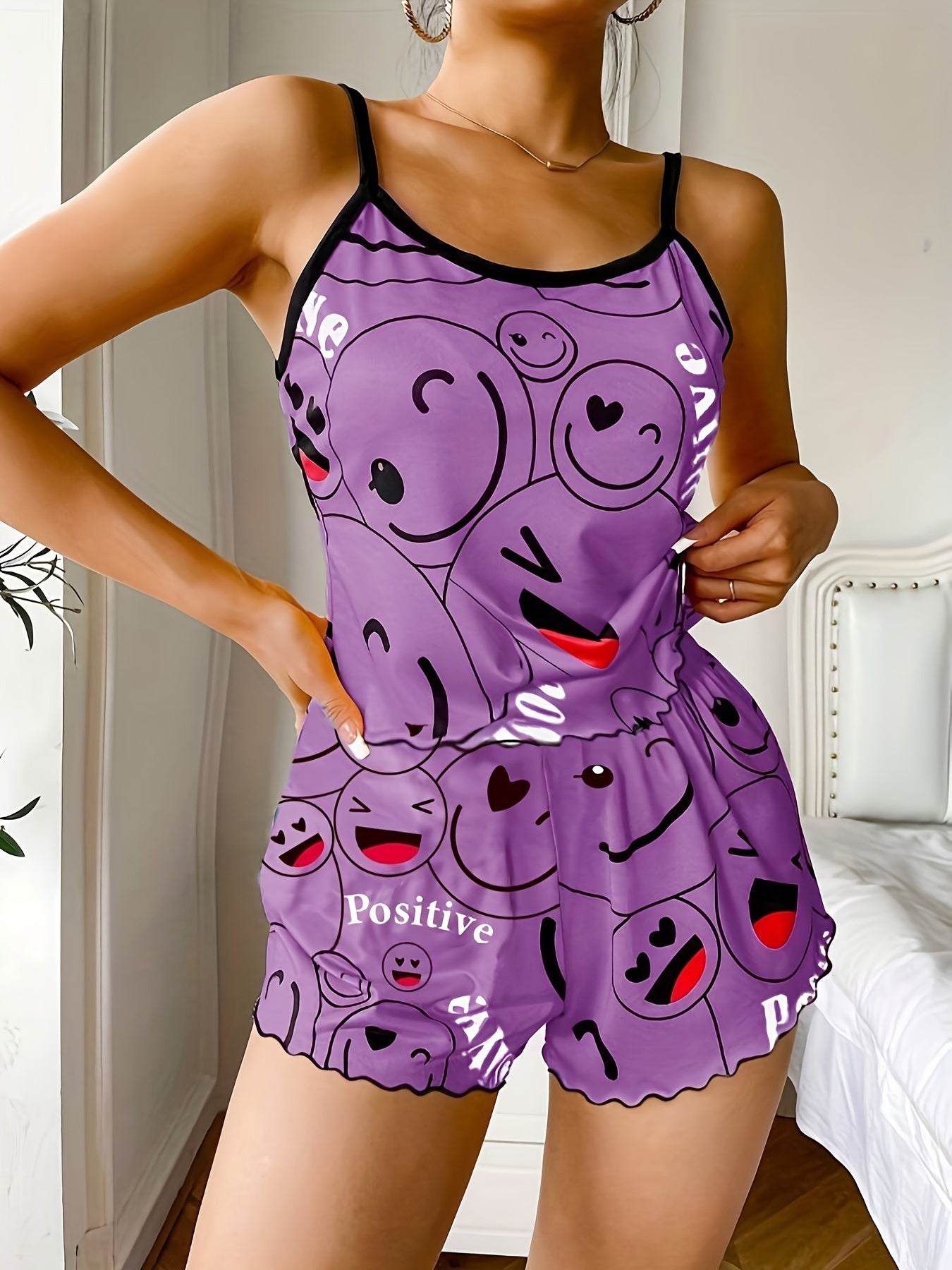 Smiling Face Print Pajama Set - Women's Cute Round Neck Backless Cami Top and Elastic Shorts Sleepwear