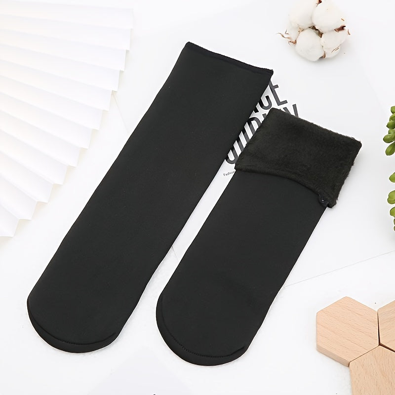 6 Pairs Winter Thermal Socks - Unisex Thickened Fleece-Lined Mid-Calf Boot Socks in Solid Colors - Soft Polyester and Spandex Fabric, Hand Wash Recommended