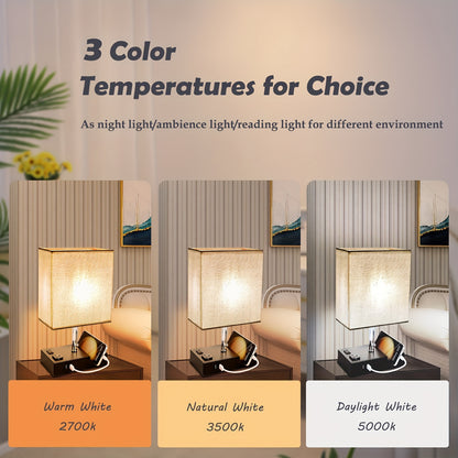 3 Color Temperature Bedside Lamp - Nightstand Table Lamp with 2 USB Ports and AC Outlet - LED Bulb Included - Ideal for Bedroom, Living Room, and Office