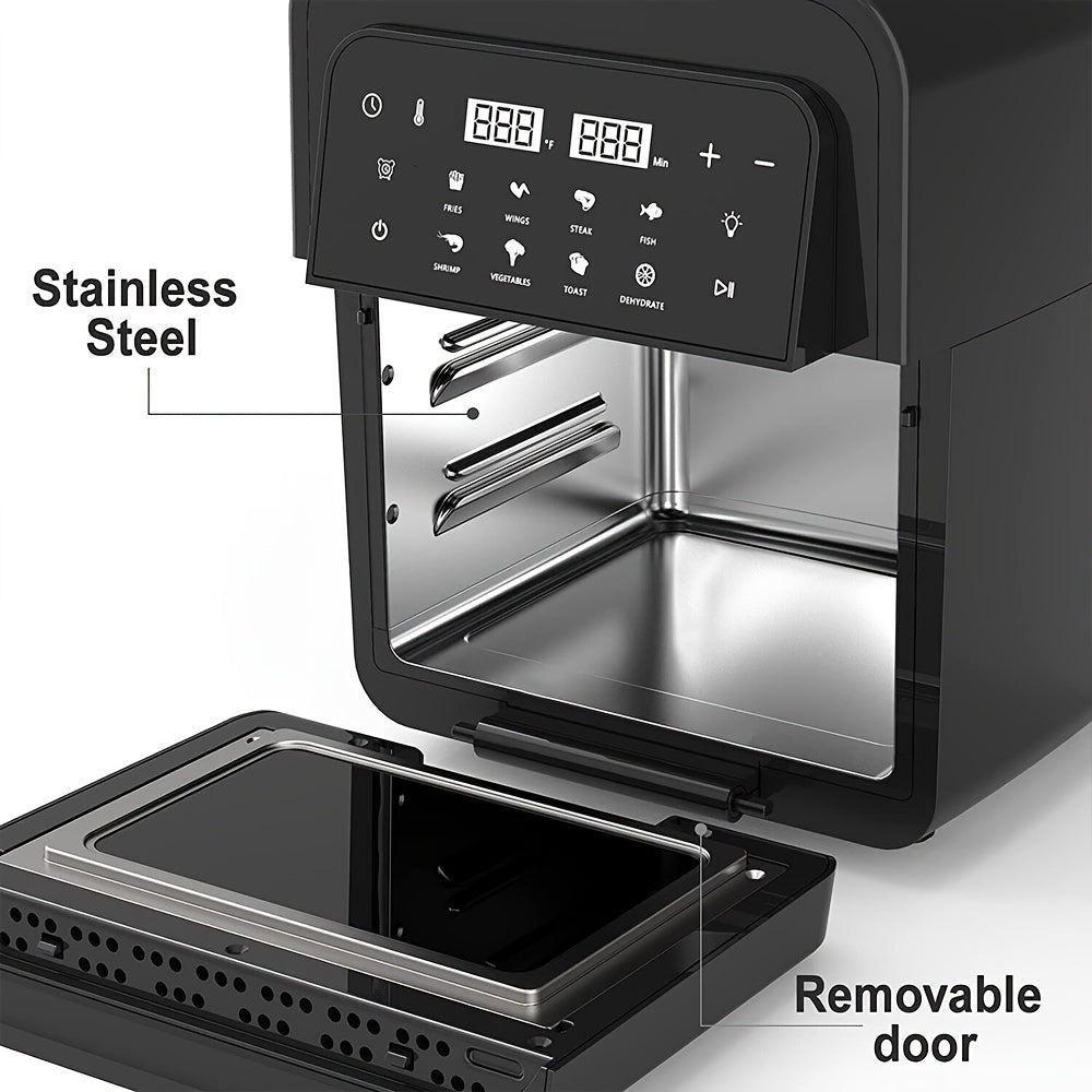 6.5 Qt Large Capacity 8-in-1 Air Fryer Toaster Oven Combo - LCD Touchscreen, Stainless Steel Rack and Non-Stick Basket - Healthy Cooking, Space-Saving Design - Black