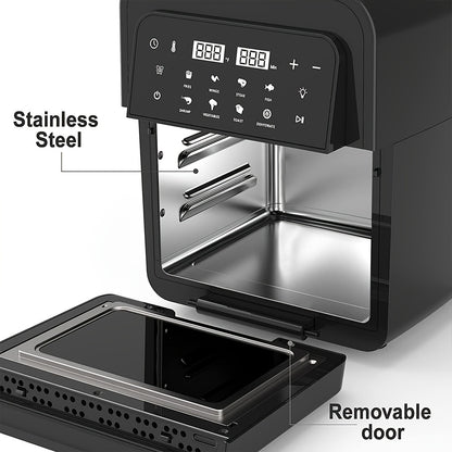 6.5 Qt Large Capacity 8-in-1 Air Fryer Toaster Oven Combo - LCD Touchscreen, Stainless Steel Rack and Non-Stick Basket - Healthy Cooking, Space-Saving Design - Black