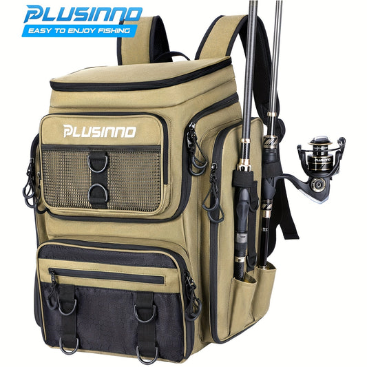 PLUSINNO Fishing Backpack – 42L Large Water-Resistant Tackle Bag with Rod Holders – Ideal for Fishing, Camping, Hiking – Great Fishing Gift for Men and Fathers, Khaki