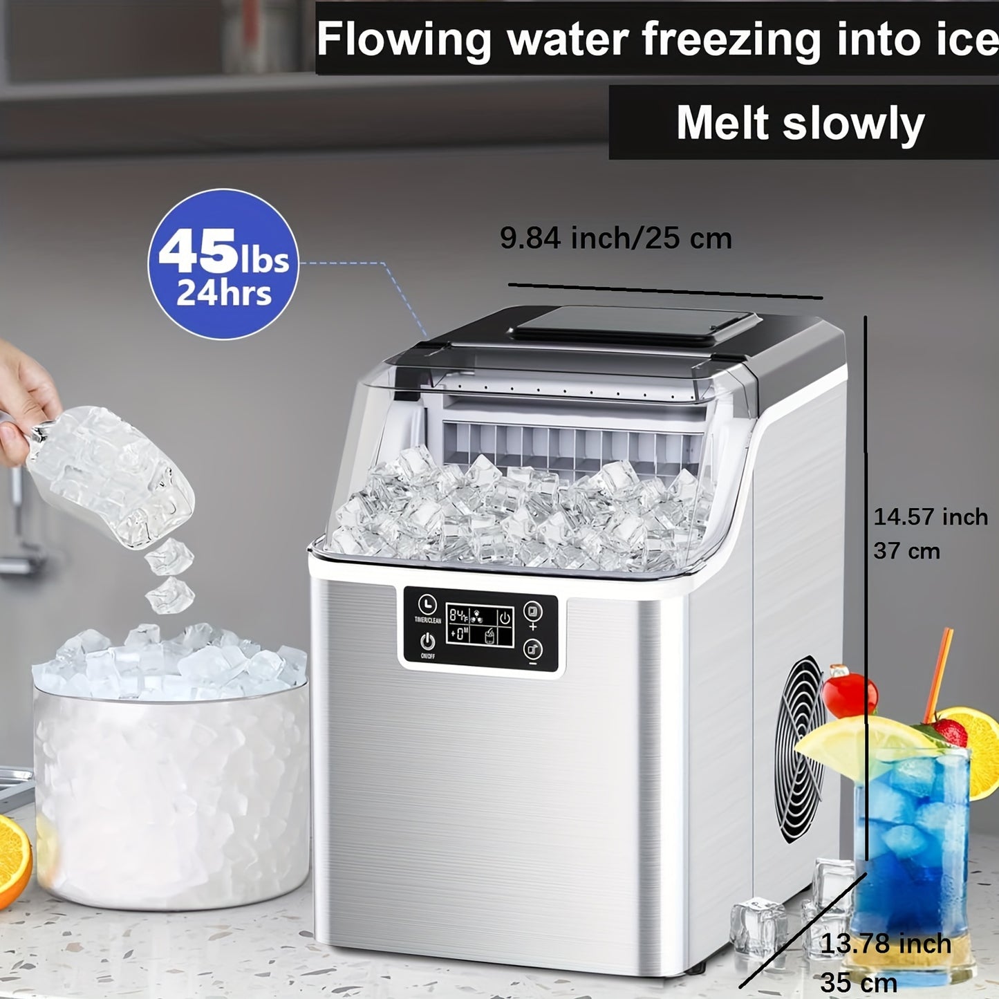 Countertop Ice Maker – 45lbs Capacity, 2-Way Water Supply, Self-Cleaning, Ice Size Control, 24H Timer – Stainless Steel Ice Machine for Home Bar, RV, and Parties (Black)
