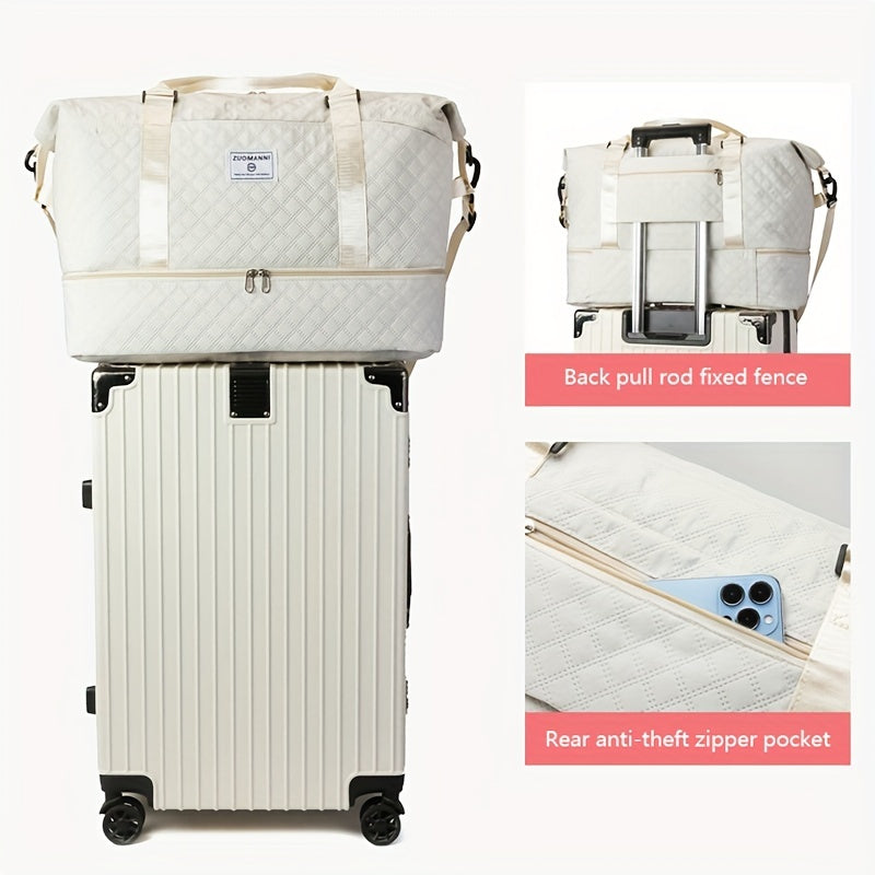 Large Capacity Travel Duffel Bag with Shoe Compartment - Nylon Gym Bag with Cosmetic Pouch, Pull-Out Cover, Hand Washable - Ideal for Weekend and Overnight Trips, Random Print