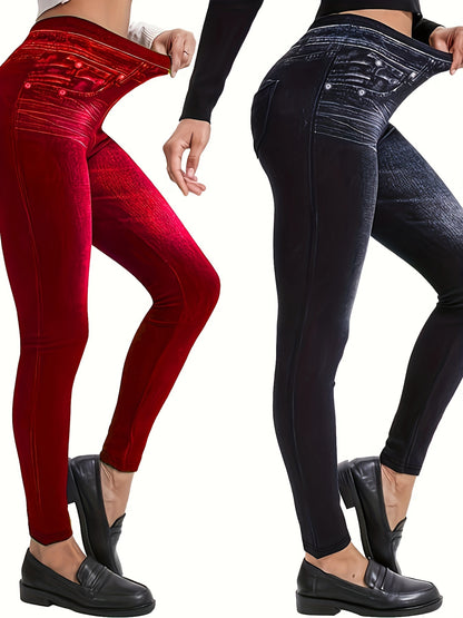 2 Pack Imitation Denim Print Pants - Casual Stretchy Everyday Pants for Women