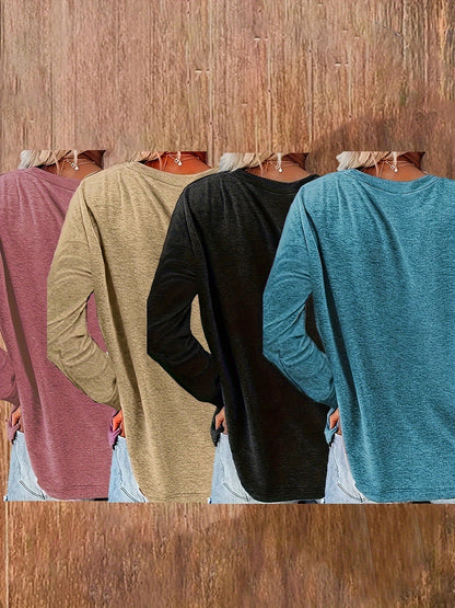 4 Pack Women's Long Sleeve Crew Neck T-Shirts - Casual Fall & Spring Tops for Women