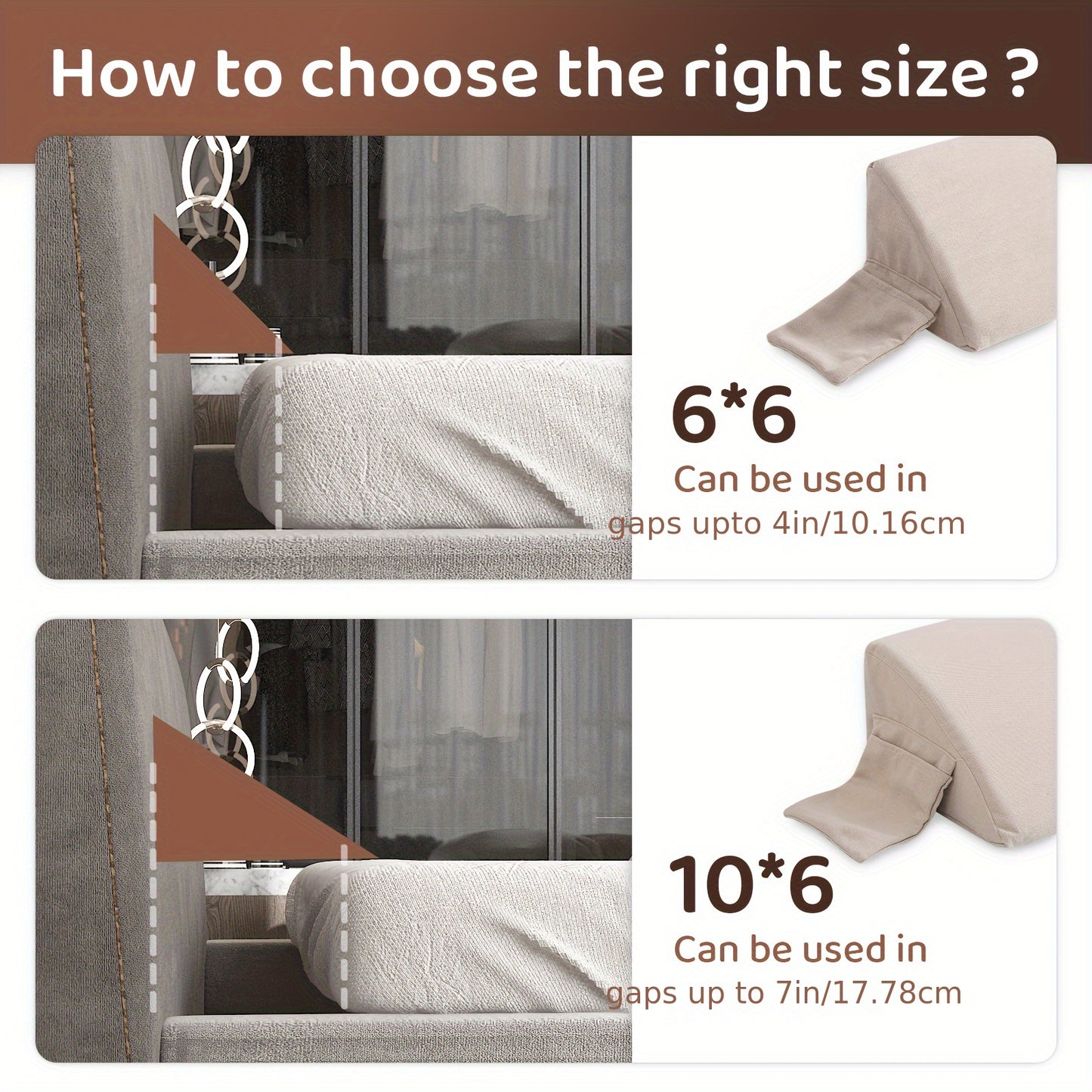 Ergonomic Bed Wedge Pillow - Supportive Memory Foam Triangle Bolster for Headboard & Mattress Gap Filler - Reading & Sleeping Comfort - Available in Queen, King, Twin, Full Size (6''x6'') - Grey/Beige