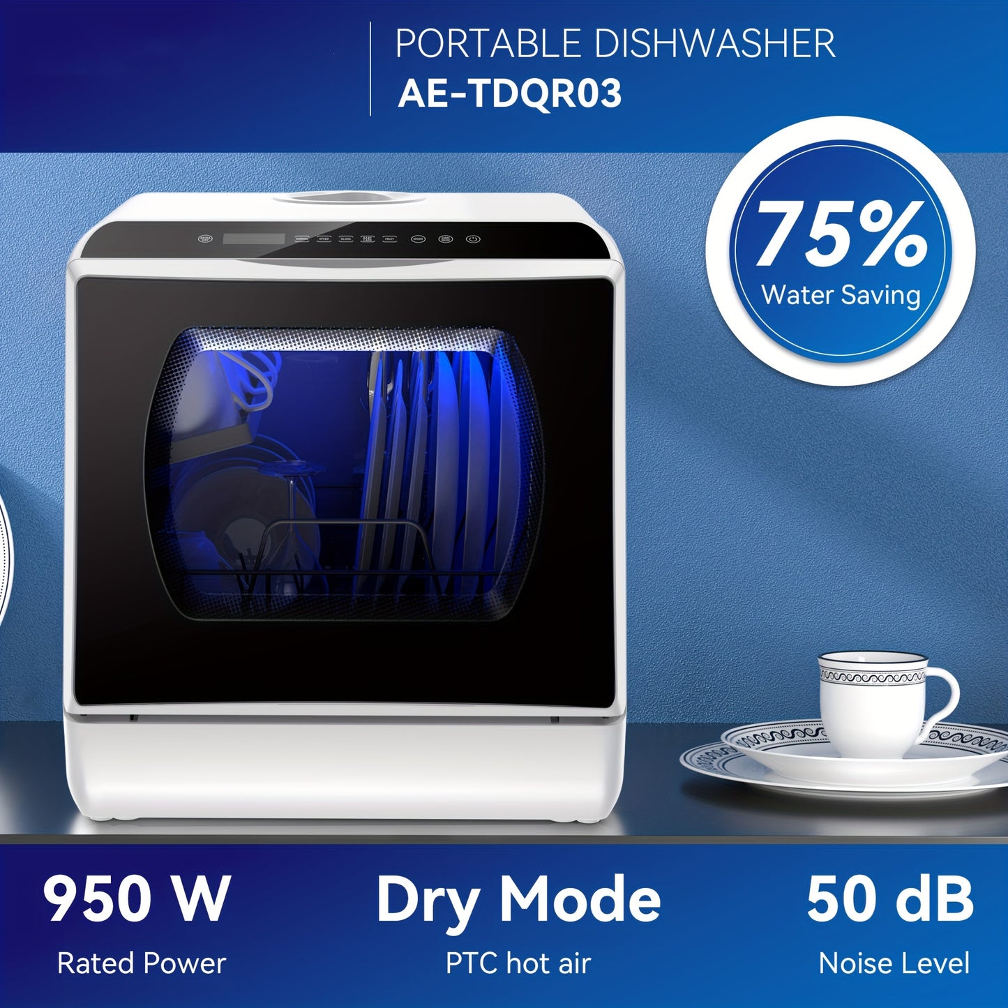 AE-TDQR03 Portable Countertop Dishwasher – Compact Mini with 5L Water Tank, Air-Dry Function, 5 Washing Programs – Baby Care, Glass and Fruit Wash, White/Black