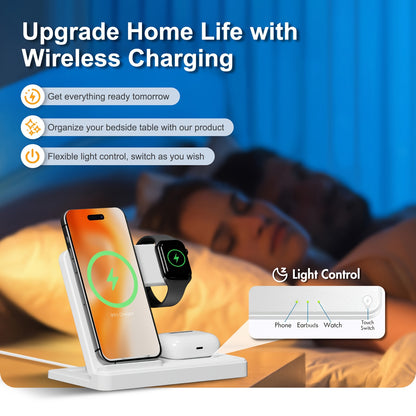 3 in 1 Fast Foldable Portable Wireless Charger - Compatible with iPhone 15/14 Pro Max/13/12/11, iWatch 9/8/7/6/5/4/3/2 SE , AirPods and Samsung Galaxy Devices S23/S22/S21/S20, Ideal for Multiple Device Charging