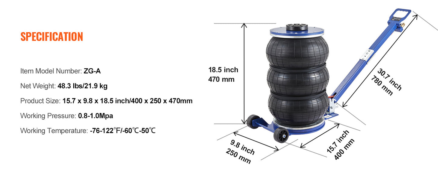 VEVOR Pneumatic Air Jack – 3 Ton/5 Ton Triple Bag Quick Lift Heavy Duty Car Repair Jack with Folding Rod & Two Wheels