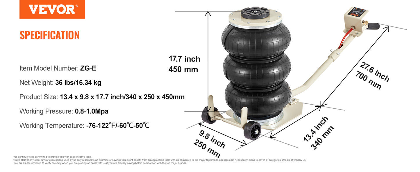 VEVOR Pneumatic Air Jack – 3 Ton/5 Ton Triple Bag Quick Lift Heavy Duty Car Repair Jack with Folding Rod & Two Wheels