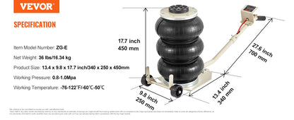 VEVOR Pneumatic Air Jack – 3 Ton/5 Ton Triple Bag Quick Lift Heavy Duty Car Repair Jack with Folding Rod & Two Wheels
