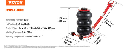 VEVOR Pneumatic Air Jack – 3 Ton/5 Ton Triple Bag Quick Lift Heavy Duty Car Repair Jack with Folding Rod & Two Wheels