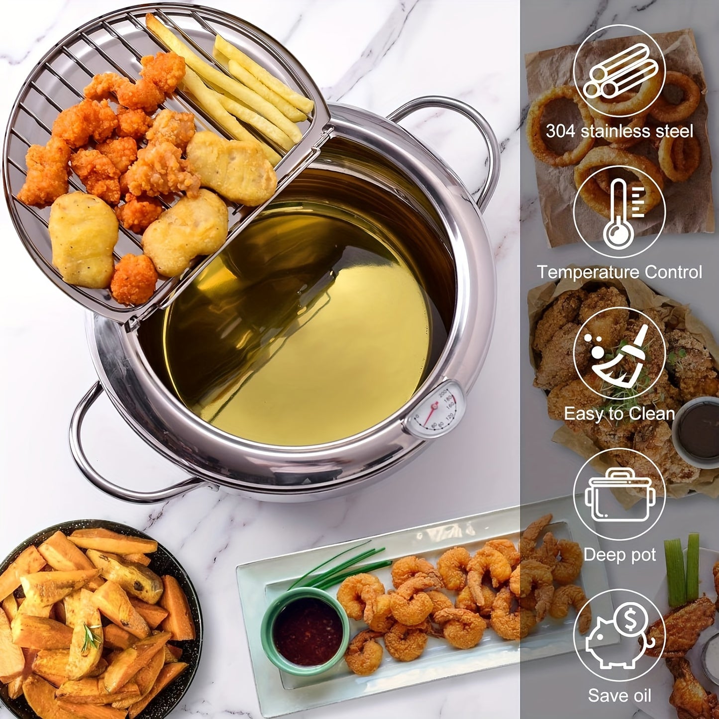 304 Stainless Steel Tempura Fryer Pot – 2.2L, Non-Stick, with Thermometer & Lid for Chicken & Tempura