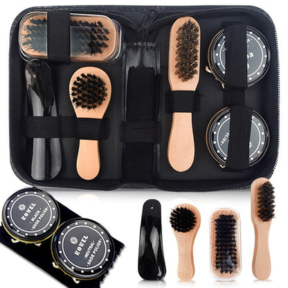 8 Piece Premium Shoe Shine Kit – Faux Fur Brushes, Black PU Case, Shoe Polish Set for Boots & Shoes, Non-Washable with Natural Wax for High Gloss Shine