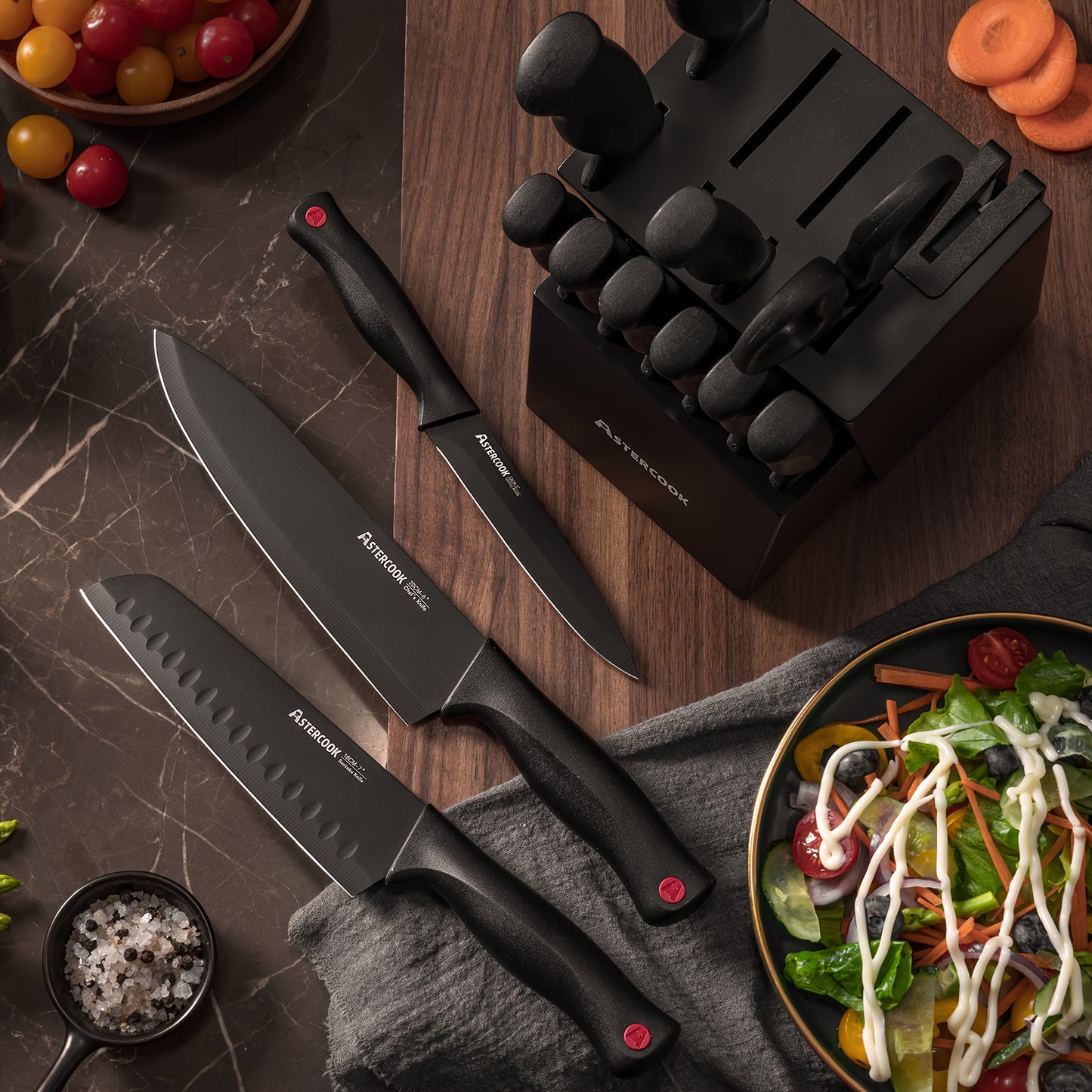 15 Piece Astercook Premium Knife Set - German Steel, Dishwasher Safe, Includes Elegant Black Block and Built-In Sharpener for Precision Cutting