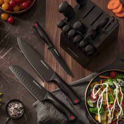 15 Piece Astercook Premium Knife Set - German Steel, Dishwasher Safe, Includes Elegant Black Block and Built-In Sharpener for Precision Cutting