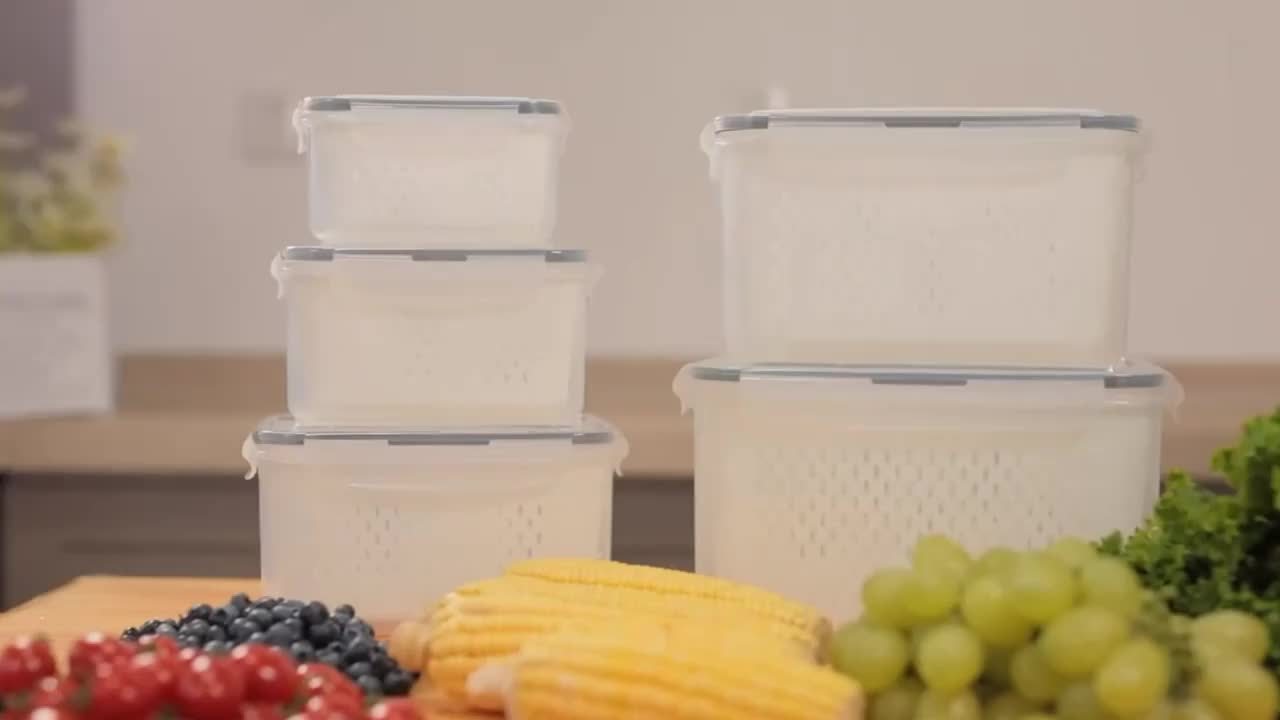 6-Piece BPA-Free Transparent Food Storage Containers with Lids & Drain Tray – Versatile Kitchen Organizers for Fruits, Vegetables, & Dry Goods