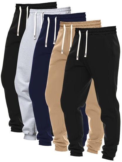 5pcs Men's Solid Color Sweatpants Set: Regular Fit, Cuffed with Drawstring & Pockets, Casual Trousers for Jogging & Outdoor Sports
