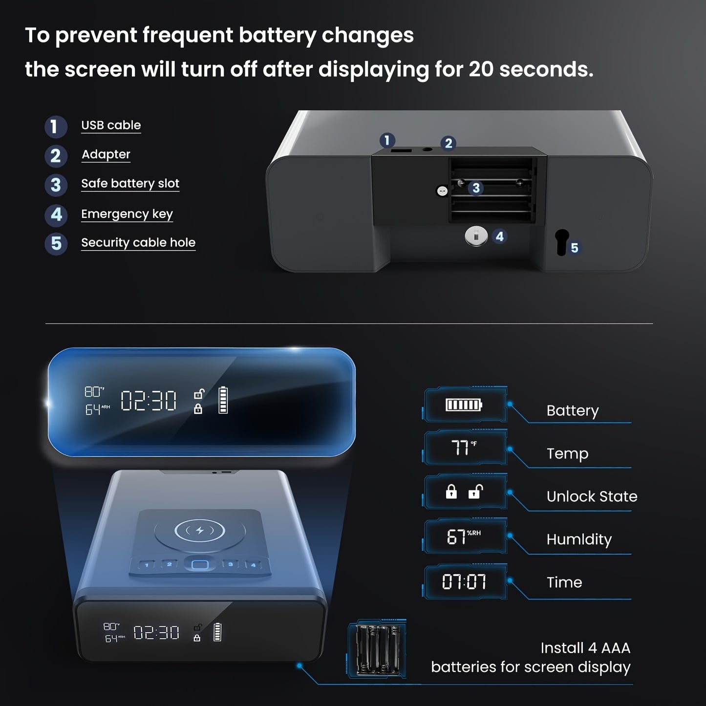 Grimtron Biometric Gun Safe with LED Clock - DOJ Approved Grey and Black Pistol Case with Fingerprint Access, 2 in 1 Watch and Mobile Wireless Charging, Backlit Keypad, LED Light, Safety Cable and Automatic Unlock